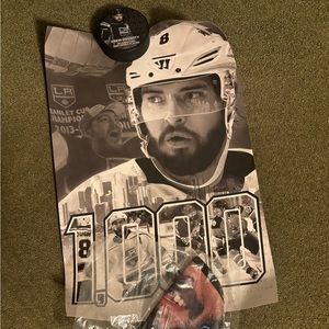 LA Kings Drew Doughty hockey puck, poster and Face mask celebrating 1000 games